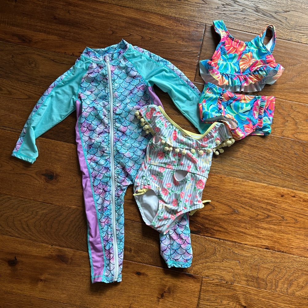 Toddler Girls Swim Suits - size 2T - Set of 3 - full zip mermaid, 2 piece swim